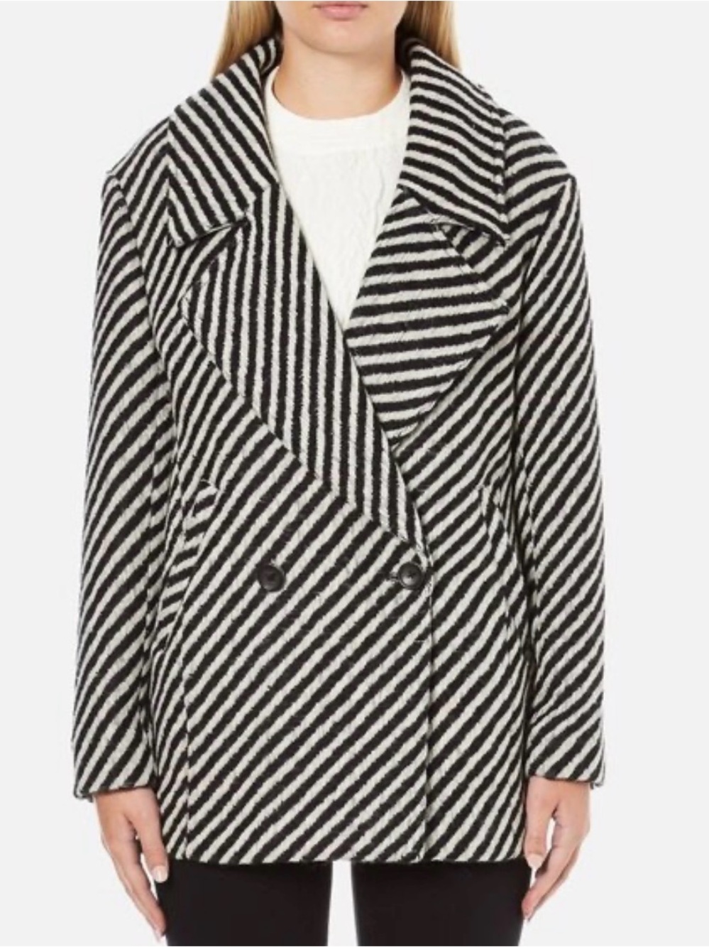 Scotch & Soda Black and White Striped wool Double-Breasted Peacoat sz S
